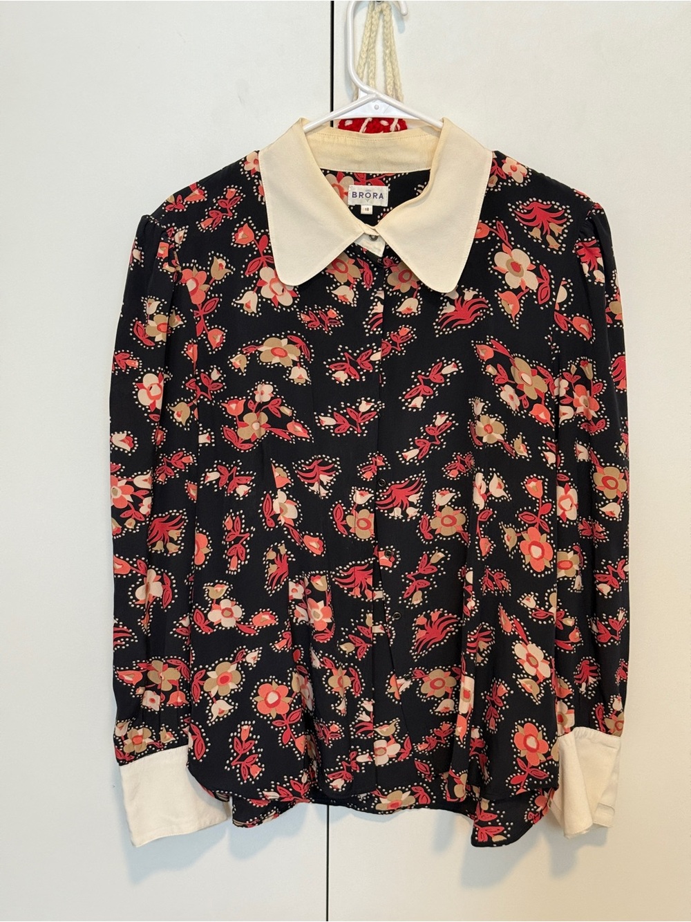 100% Silk Brora Black Floral Button-Down Shirt with Cream Collar